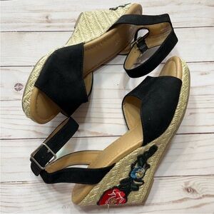 Lane Bryant Faux Suede Black Embroidered Wedge Sandals